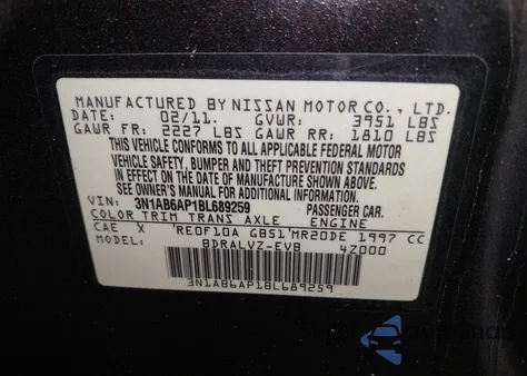 2011 Nissan Sentra 2.0Sl z USA, uszkodzony, nr VIN 3N1AB6AP1BL689259